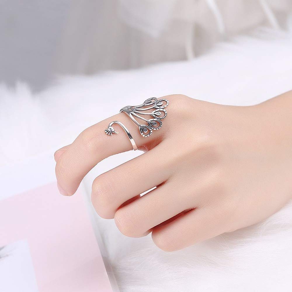 Rockyu 指輪 レディース フリーサイズ おしゃれ シルバー925 リング 可愛い 個性的 クジャク指輪物語 結婚指輪 婚約指輪 フリー サイズ調節可能 恋人 ファッション アクセサリー