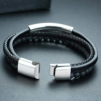 Rockyu ブレスレット メンズ レディース レザー ブラック ステンレス 3連 編み込み ビーズ 腕輪