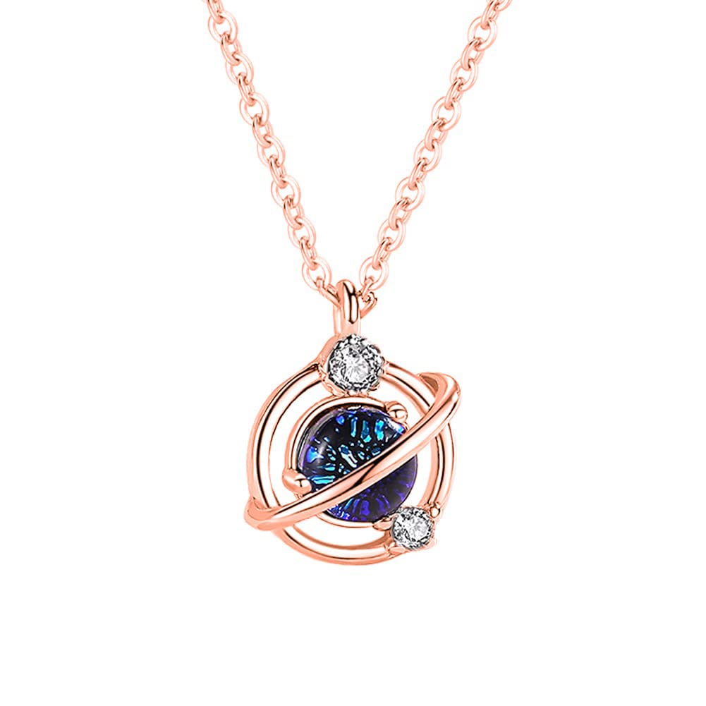 Rockyu 惑星モチーフネックレス レディース 土星風デザイン ピンクゴールド＆シルバー