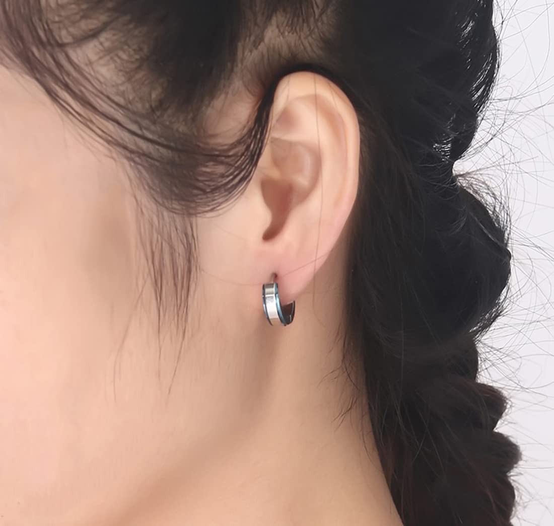 Rockyu ピアス 幅広フープ メンズ レディース シルバー×ブルー ステンレス 鏡面仕上げ 金属アレルギー対応