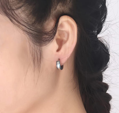 Rockyu ピアス 幅広フープ メンズ レディース シルバー×ブルー ステンレス 鏡面仕上げ 金属アレルギー対応