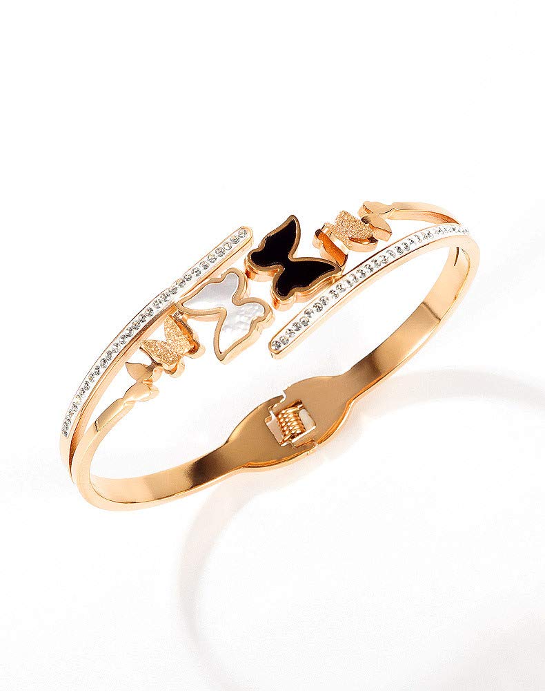 Rockyu ブレスレット レディース 蝶モチーフ ピンクゴールド 18Kメッキ チタン製 キラキラバングル