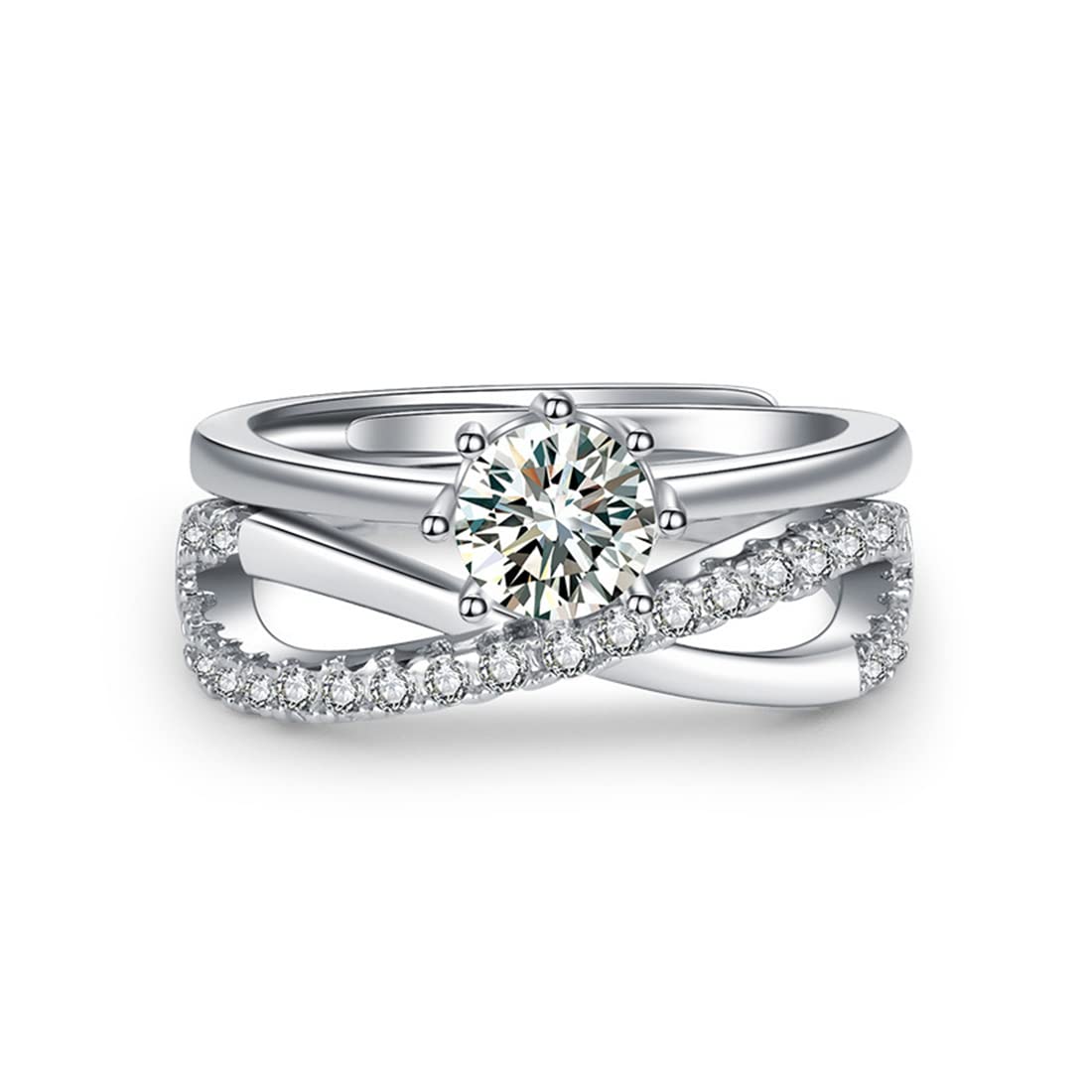 Rockyu 2連クロスリング ジルコニア装飾 フリーサイズ レディース指輪 幅広デザイン