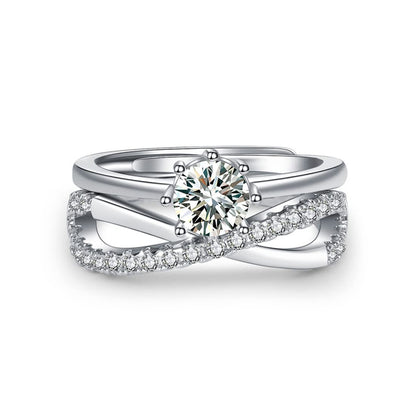 Rockyu 2連クロスリング ジルコニア装飾 フリーサイズ レディース指輪 幅広デザイン