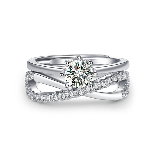 Rockyu 2連クロスリング ジルコニア装飾 フリーサイズ レディース指輪 幅広デザイン