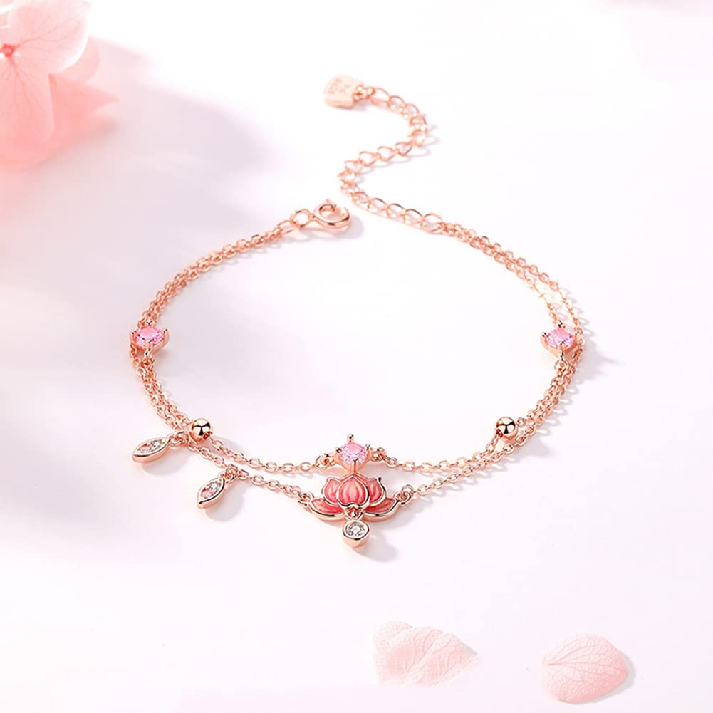 Rockyu アンクレット レディース ピンクゴールド 蓮華チャーム 二連チェーン 紫ジルコニア ステンレス 金属アレルギー対応