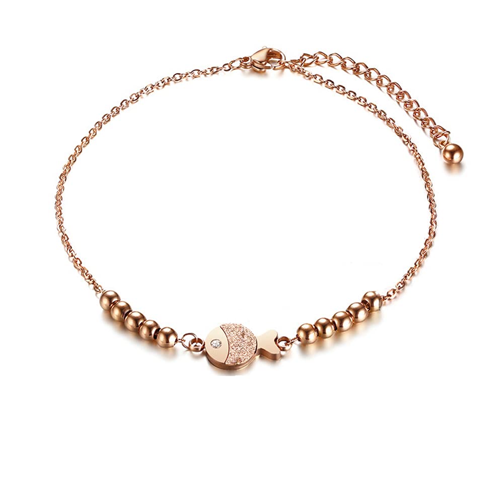 Rockyu レディースアンクレット ピンクゴールド 魚モチーフ チタン製 金属アレルギー対応