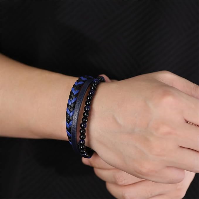 [Rockyu] ブレスレット メンズ レザー 編み込み 数珠 3連ブレスレット ステンレス マグネット留め ブルー ブラック ブランド