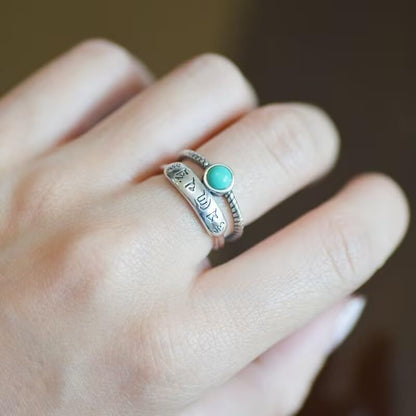 Rockyu シルバー925 緑松石 六字真言 お守りリング ヴィンテージ 開口デザイン アジャスタブルサイズ