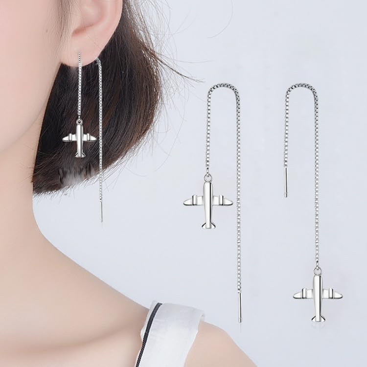 Rockyu ピアス レディース シルバー925 飛行機モチーフ ロングチェーン 両耳用 個性派 シンプル 旅行 ギフト