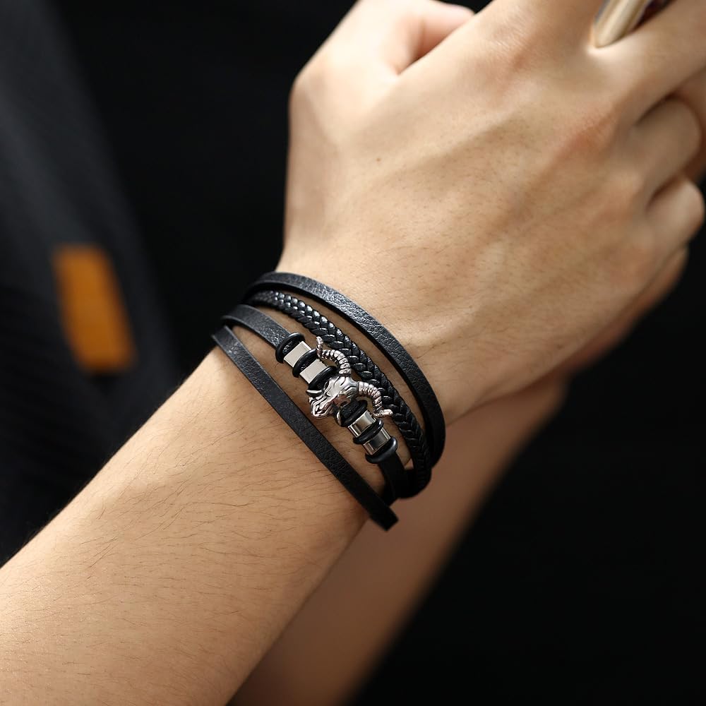 Rockyu メンズ 4連レザーブレスレット ブラック ヤギ頭モチーフ 編み込み お守り風 ステンレス 金属アレルギー対応