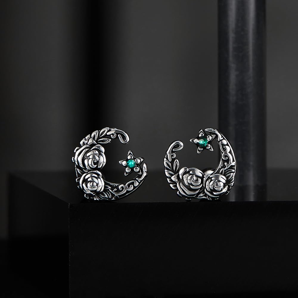 Rockyu ピアス メンズ ステンレス 片耳 三日月モチーフ 花彫刻 キュービックジルコニア アレルギー対応