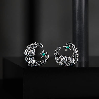 Rockyu ピアス メンズ ステンレス 片耳 三日月モチーフ 花彫刻 キュービックジルコニア アレルギー対応