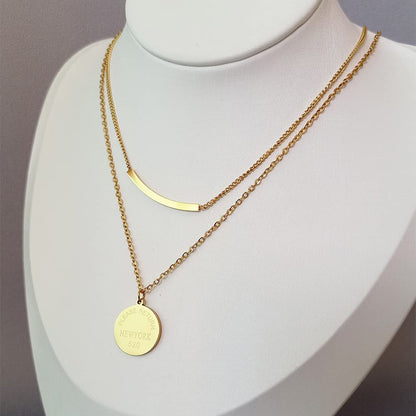 Rockyu レディース二連ネックレス ゴールド コインペンダント ステンレス製 鎖骨アクセ