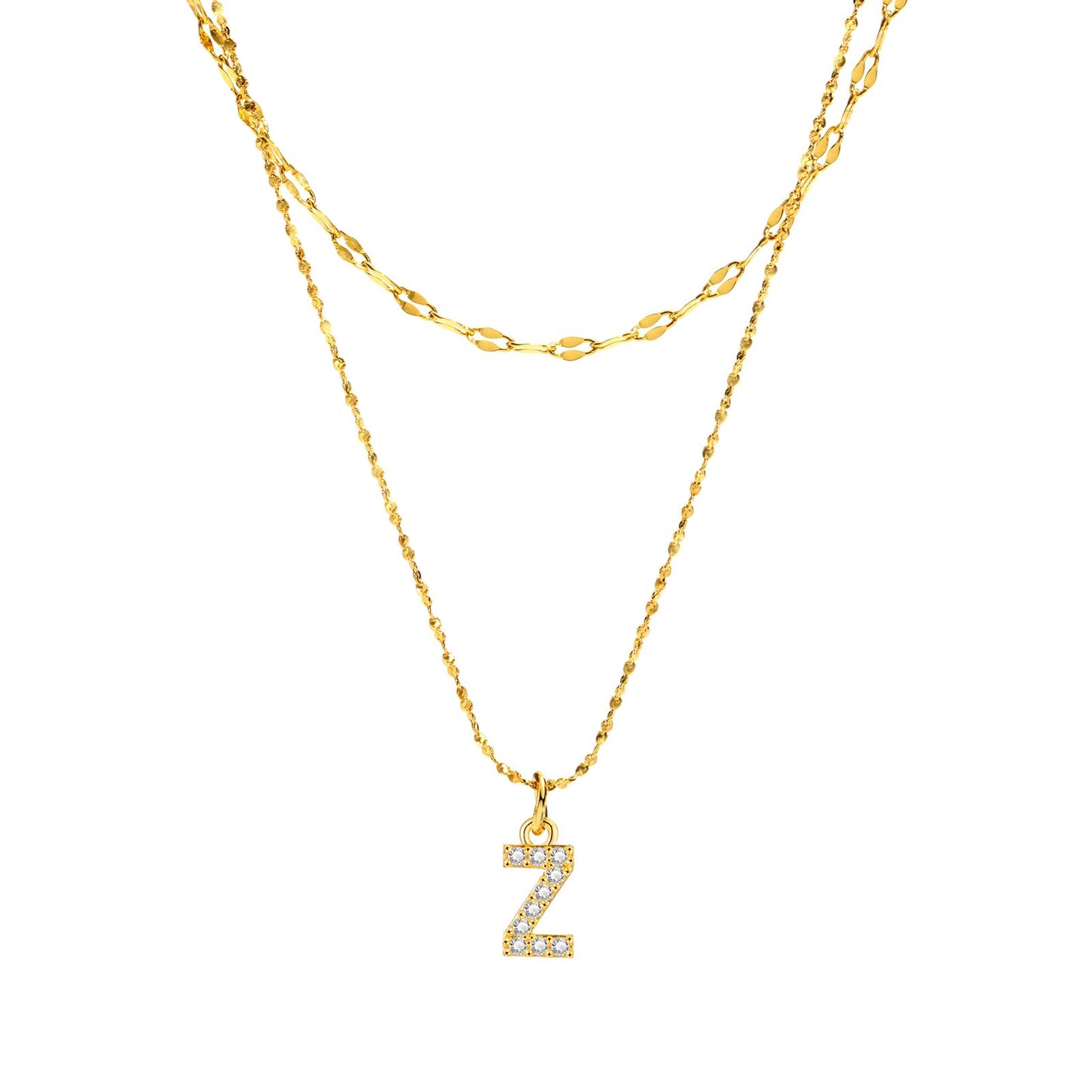 Rockyu イニシャルネックレス レディース ゴールド A〜Z 26文字 ジルコニア 二連チェーン ステンレス製 金属アレルギー対応