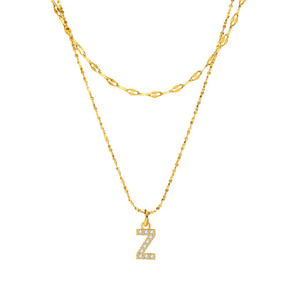 Rockyu イニシャルネックレス レディース ゴールド A〜Z 26文字 ジルコニア 二連チェーン ステンレス製 金属アレルギー対応