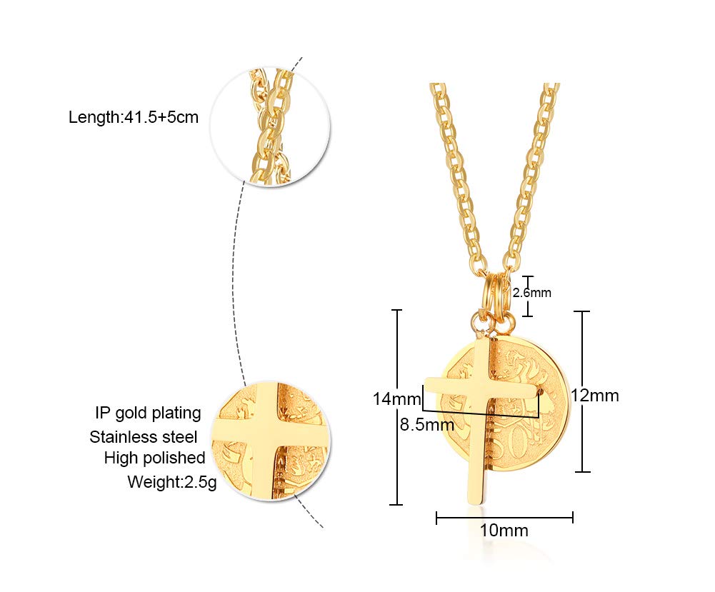 Rockyu クロス＆コインペンダント レディースネックレス ステンレス製 18Kゴールド仕上げ