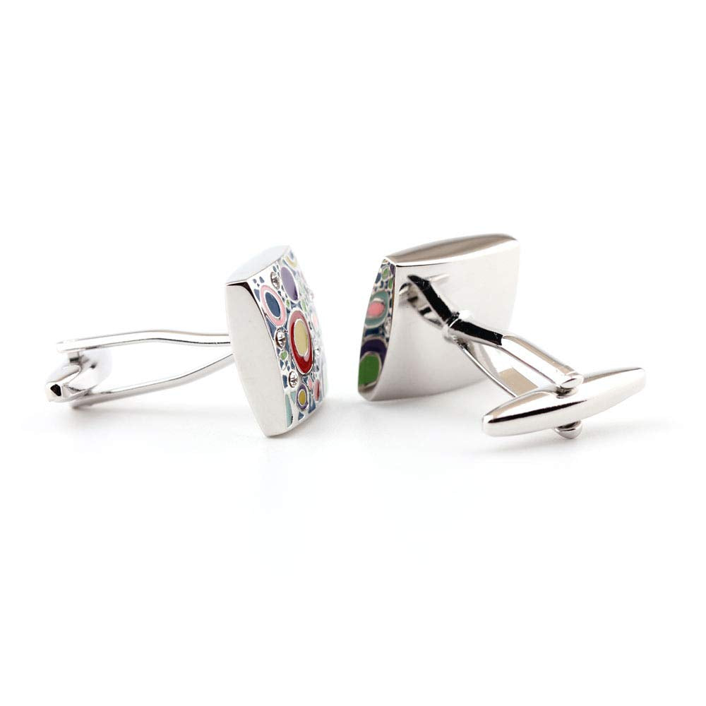 Rockyu メンズ カフス スクエア カラフル アートデザイン ジルコニア ステンレス スーツアクセサリー