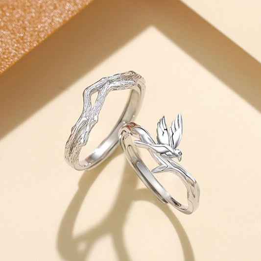 Rockyu ペアリング 二羽の鳥が結ぶ愛のかたち シルバー925 フリーサイズ カップルセット