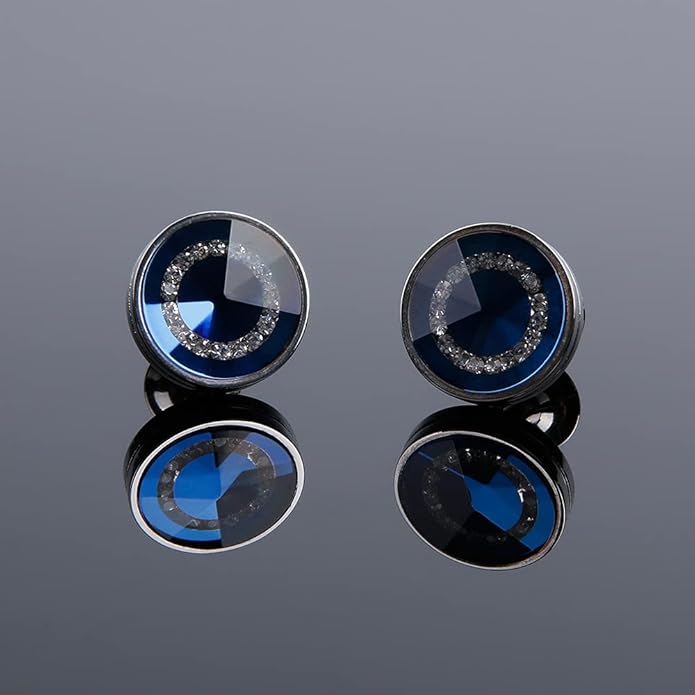 Rockyu メンズカフス ラウンドデザイン 大粒クリスタル シルバー ネイビーブルー カフリンクス