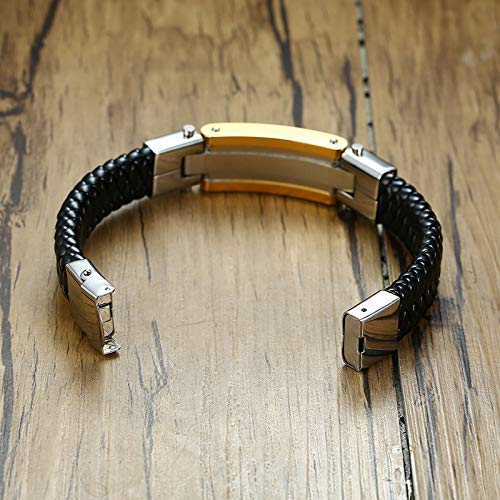 Rockyu ブレスレット メンズ レザー ブラック 十字架 ステンレス 革製バングル シンプル 腕輪