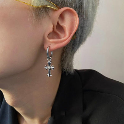 Rockyu ピアス メンズ レディース シルバー ジルコニア フープ クロスチタン 十字架 金属アレルギー対応 ヨーロッパ風