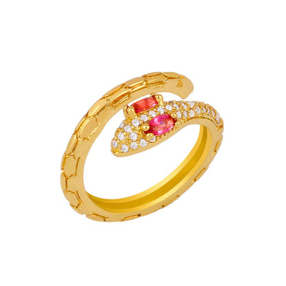 Rockyu 指輪 レディース 蛇モチーフ フリーサイズ CZダイヤ ゴールドリング