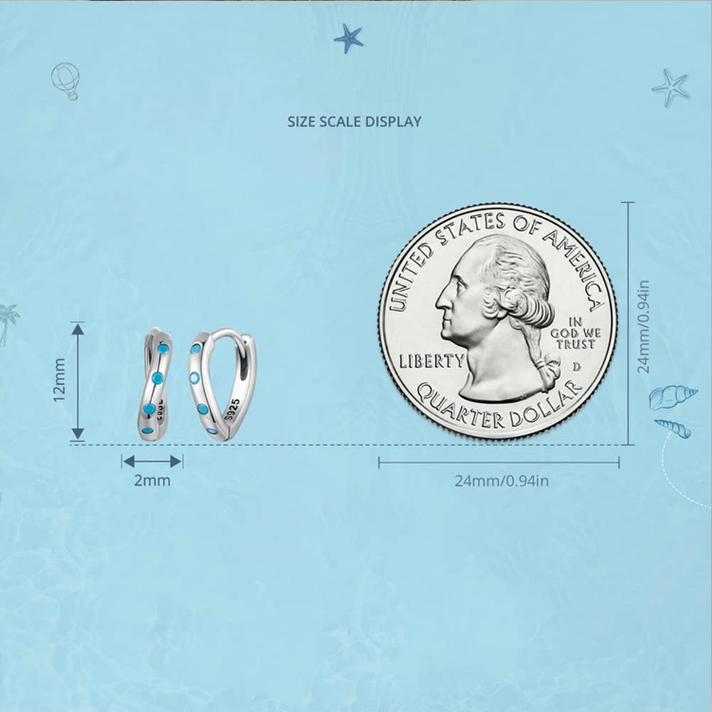 Rockyu ツイストフープピアス レディース 小さめ シルバー925 津波風デザイン ターコイズ風ブルー