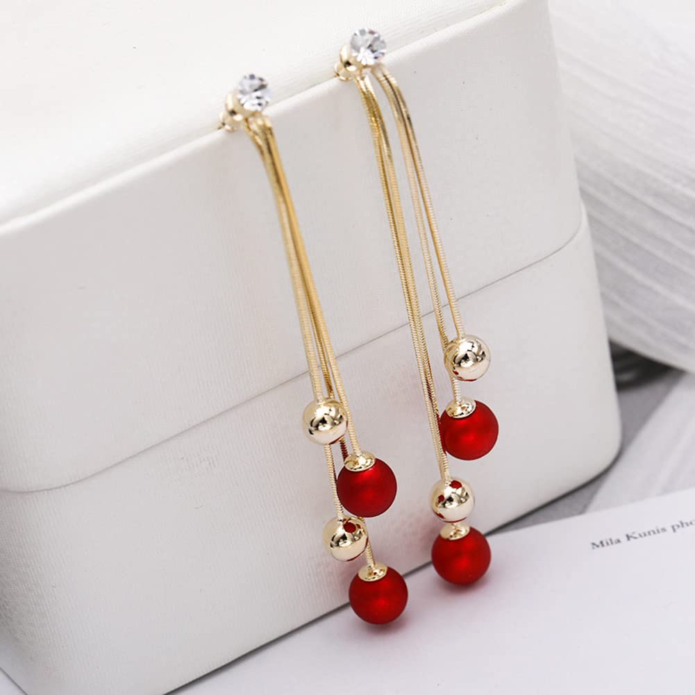 Rockyu レディースロングチェーンピアス 三連ボール 揺れるデザイン レッド＆パール ゴールド仕上げ