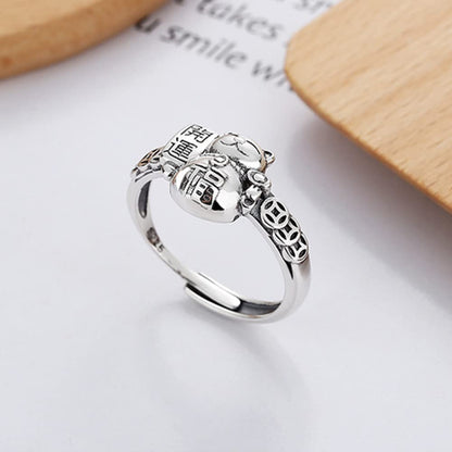 Rockyu 招き猫リング レディース フリーサイズ シルバー 銅銭モチーフ 文字刻印 調節可能