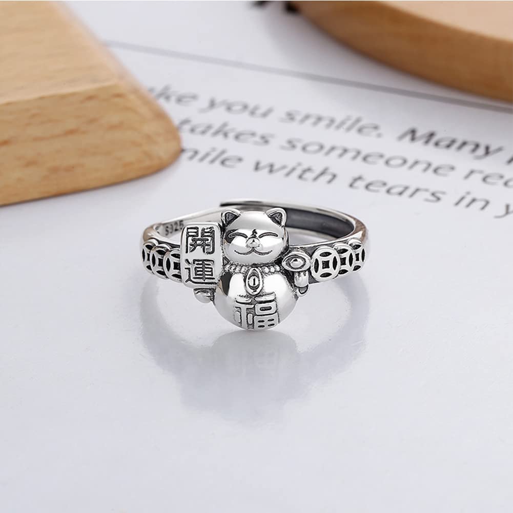 Rockyu 招き猫リング レディース フリーサイズ シルバー 銅銭モチーフ 文字刻印 調節可能