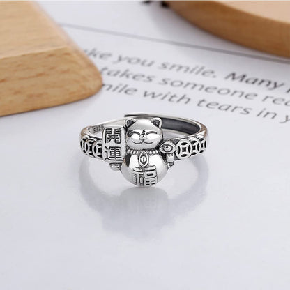 Rockyu 招き猫リング レディース フリーサイズ シルバー 銅銭モチーフ 文字刻印 調節可能