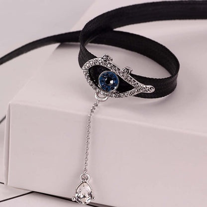 Rockyu チョーカー レディース 黒 レザー 悪魔の目 ジルコニア 雫ペンダント