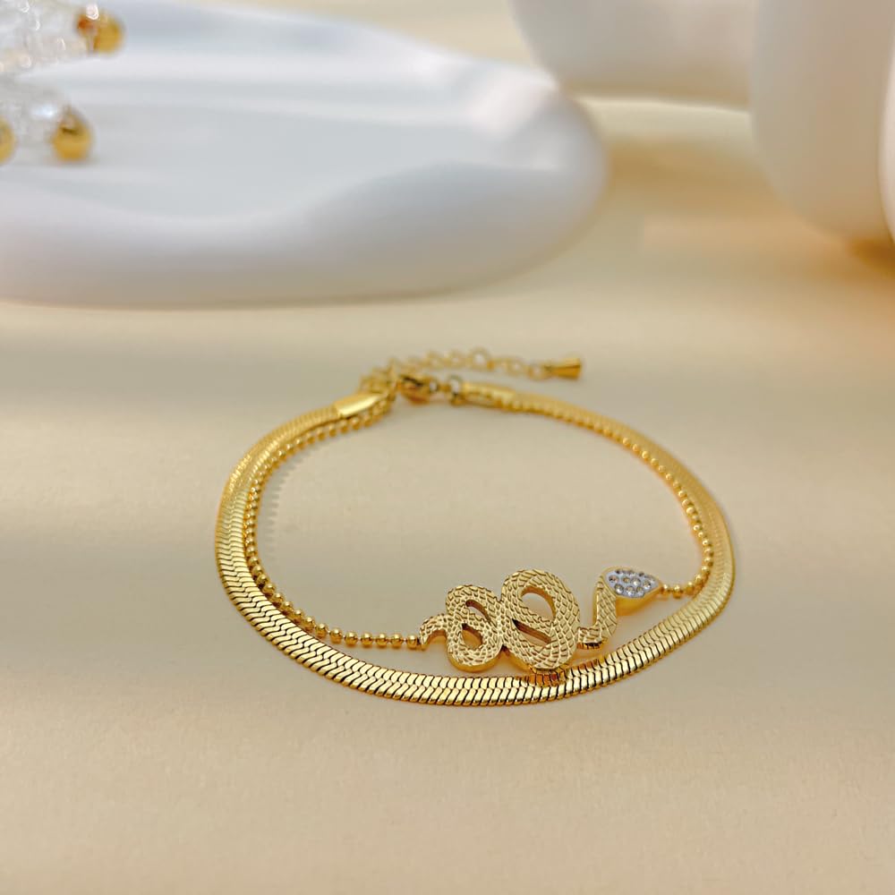 Rockyu ブレスレット レディース ゴールド 蛇モチーフ 2連ステンレス ジルコニアブレスレット