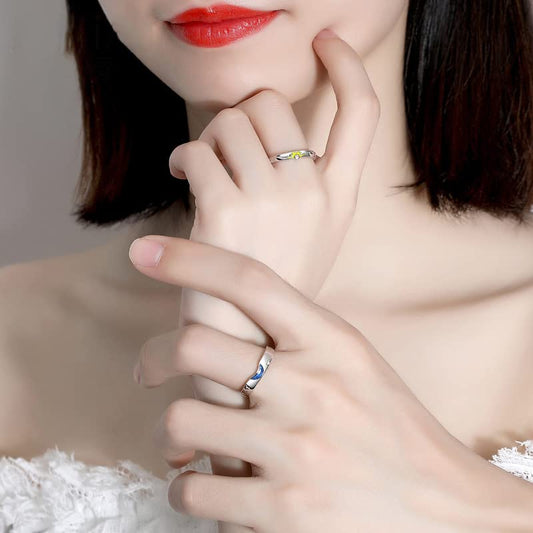 Rockyu 太陽と月のペアリング シルバー925 日月デザイン 指輪 調整可能