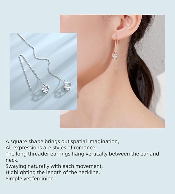 Rockyu ピアス レディース 925純銀 キューブデザイン ロングチェーンピアス 上品 大人かわいい