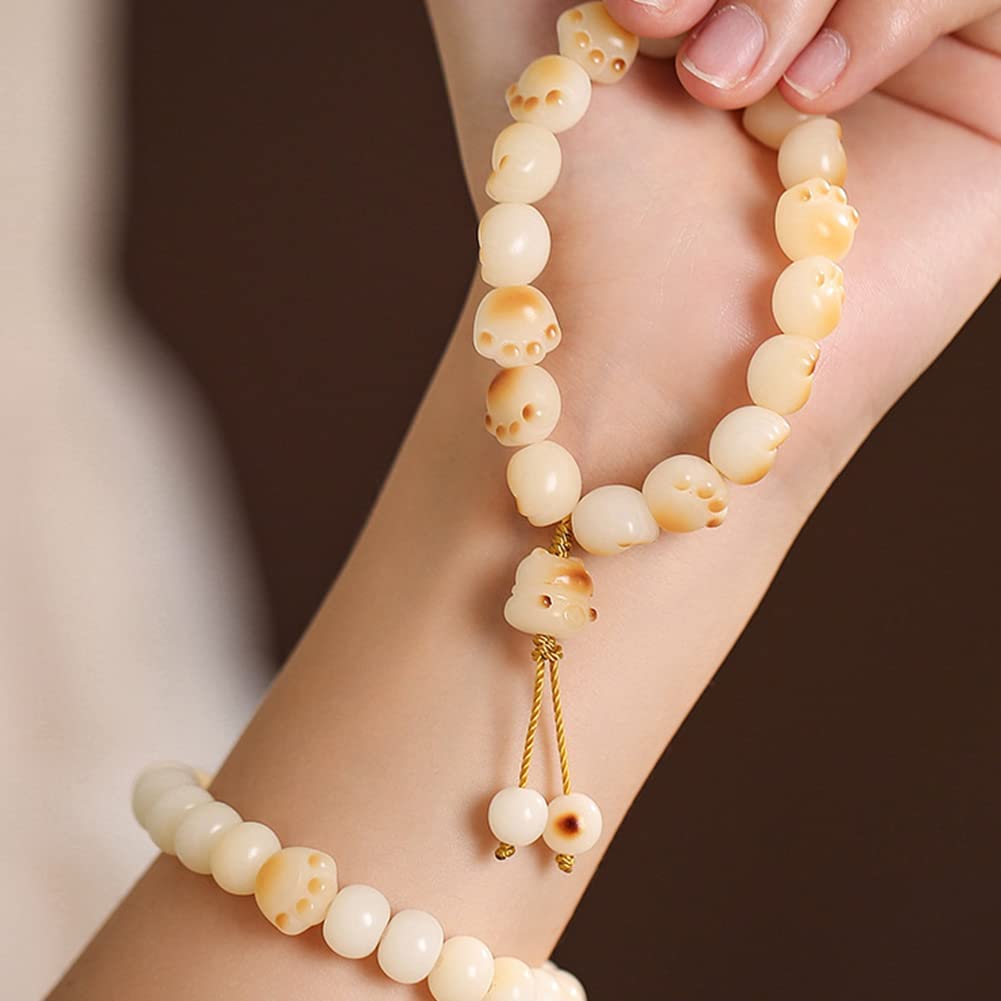 Rockyu レディース 猫肉球ブレスレット 白玉菩提×炭焼き風 数珠デザイン お守りアクセサリー