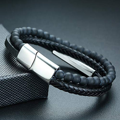 Rockyu ブレスレット メンズ レディース レザー ブラック ステンレス 3連 編み込み ビーズ 腕輪