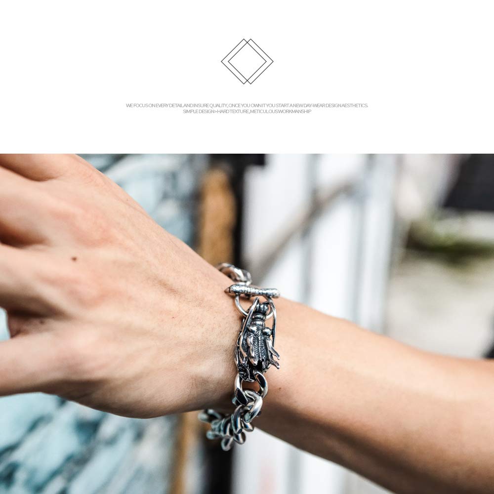 Rockyu 龍ブレスレット メンズ シルバー 太めチェーン チタン製 ドラゴンデザイン