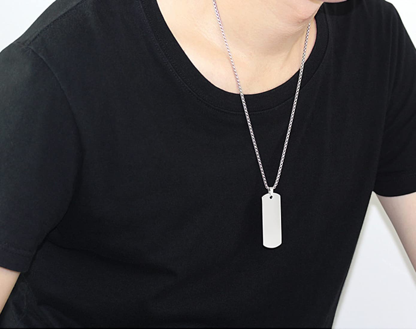 Rockyu ネックレス メンズ タングステンプレート 長方形ペンダント ベネチアンチェーン