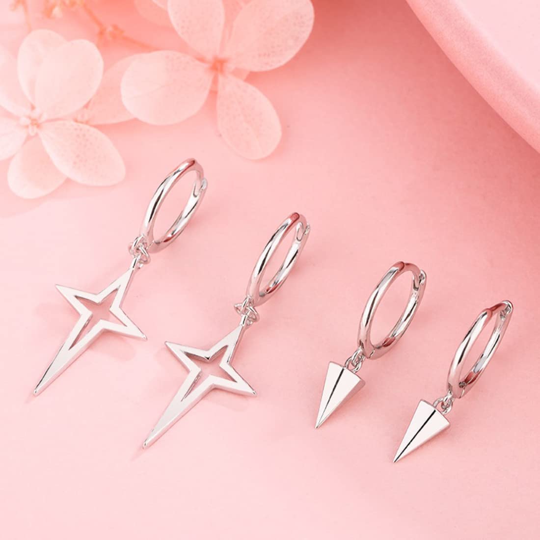 Rockyu 星型＆スタッズフープピアス レディース｜シルバー925・3色展開・金属アレルギー対応