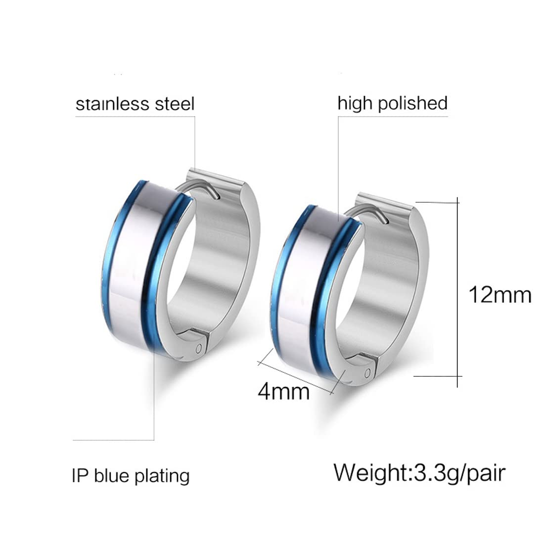 Rockyu ピアス 幅広フープ メンズ レディース シルバー×ブルー ステンレス 鏡面仕上げ 金属アレルギー対応
