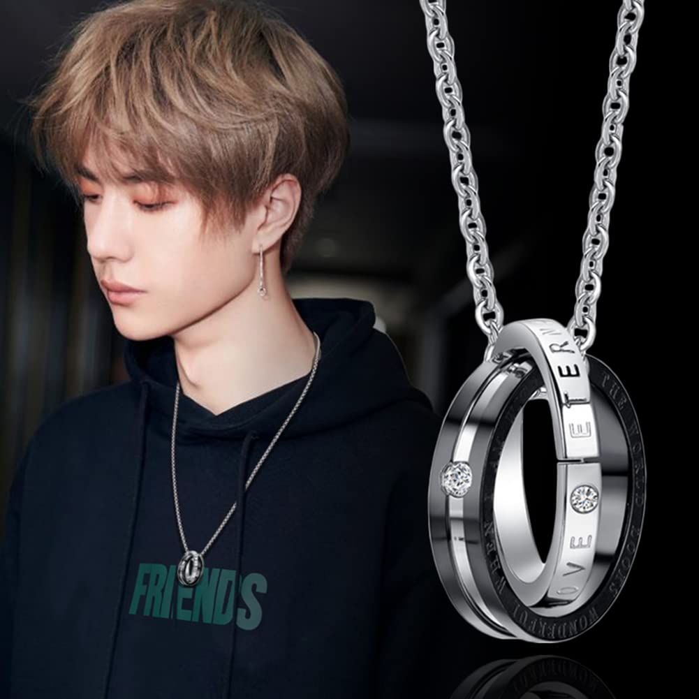 Rockyu 永遠の愛 ペアリングネックレス – 2連ステンレスリング×ジルコニア