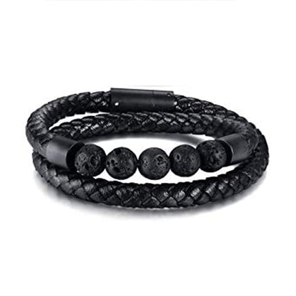 Rockyu 天然石 レザーブレスレット メンズ｜編み込みデザイン＆3カラー展開