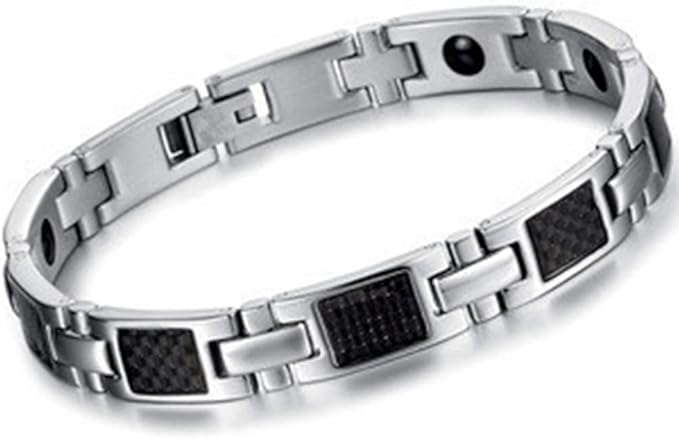 Rockyu ブレスレット メンズ ステンレス シルバー ブラック カーボン調 幅広チェーン モダンデザイン