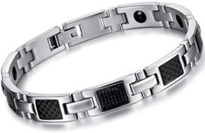 Rockyu ブレスレット メンズ ステンレス シルバー ブラック カーボン調 幅広チェーン モダンデザイン