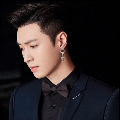 Rockyu ピアス メンズ シルバー クロス フープ 揺れる チタン製 アレルギー対応