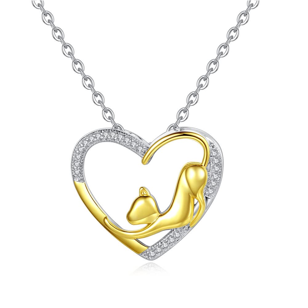 Rockyu ネックレス レディース ハート シルバー ゴールド ジルコニア かわいい ニャンコ ネコ 猫ネックレス 動物 猫モチーフ キャットにゃんちゃん 心型ペンダント