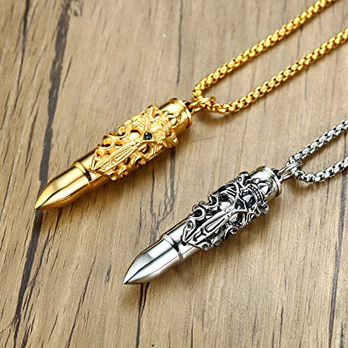 Rockyu 弾丸ドラゴンクロスネックレス メンズ ステンレス製 ゴールド＆シルバー ペンダント