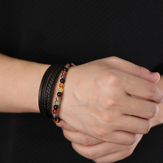 [Rockyu] ブレスレット メンズ 3連 レザー 編み込み 数珠 ビーズ ステンレス マグネット留め 金属アレルギー対応